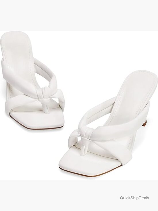 Shoes - Square Toe Thong Heels Mules Kitten Heel Sandals Slip On